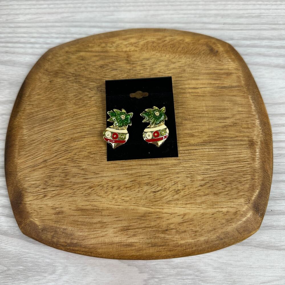 Christmas Ornament Earrings WMNS Green/Red/Gold Enamel VTG Stud Jewelry 90s